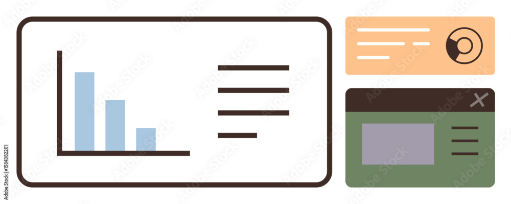 Poster bar chart with vertical bars alongside text lines, user profile card with avatar, and popup window. 