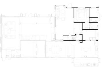 2D AutoCAD Drawing - Ground Floor Residential Layout with Living Room, Dining Area, Guest Bedroom, and Bathroom Vector