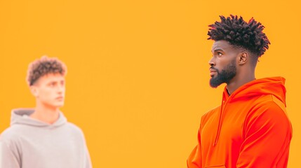 Two young men in hoodies with vibrant orange background looking in different directions