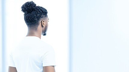 Man with dreadlocks in a bun looks out a window