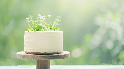 Simple white cake decorated with fresh green herbs and flowers outdoors