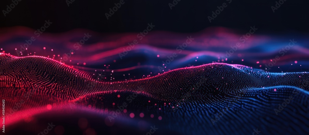 Poster abstract luminous particle streams flow forming digital landscape concept