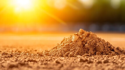 Sunlight illuminates pile of dry earth and rocks on ground