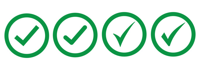 Set of different green checkmark icons on isolated background. 
