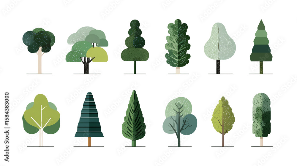 Poster stylized green trees in various shapes and sizes isolated on transparent backdrop for creative graph