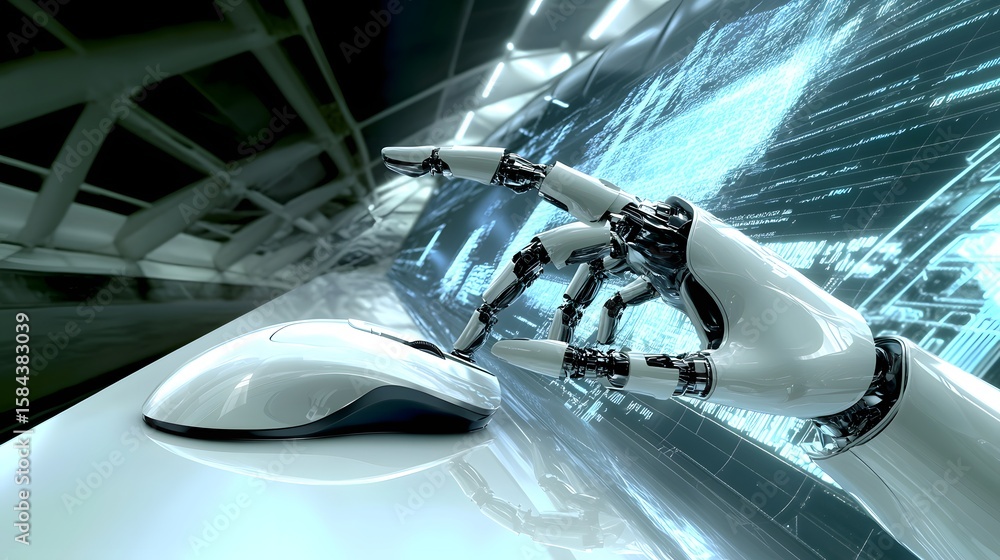 Poster robotic hand interacting with a computer mouse on a futuristic surface.