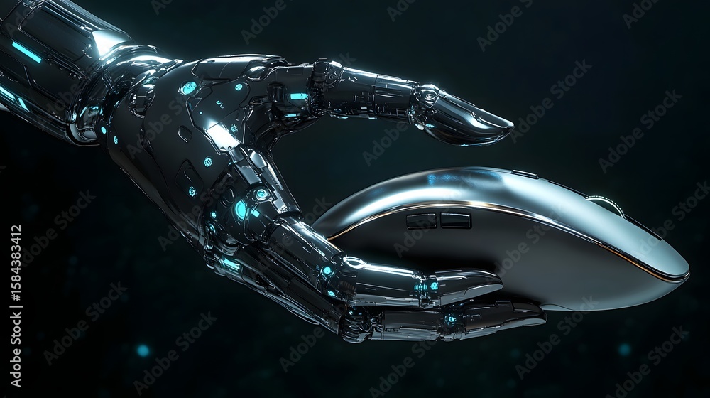 Poster a metallic robotic hand holds a computer mouse.