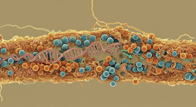 Intricate depiction of DNA replication, featuring molecular structures and cellular components