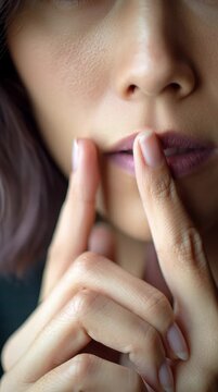 Close up of Person with Fingers on Lips Silence and Contemplation Highlighting Skin Texture and Facial Features