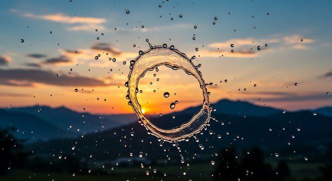 Water droplet splash ring sunset backdrop; serene, vibrant, nature photography. - Powered by Adobe