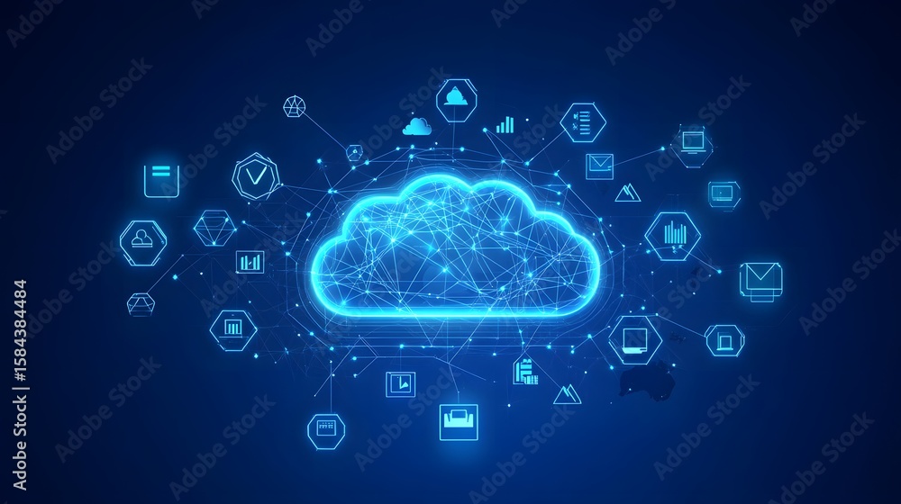 Poster cloud computing network with interconnected data icons.