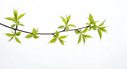 Naklejka premium Serene Spring Branch: Vibrant Green New Leaves Against a Soft White Sky, Nature Photography