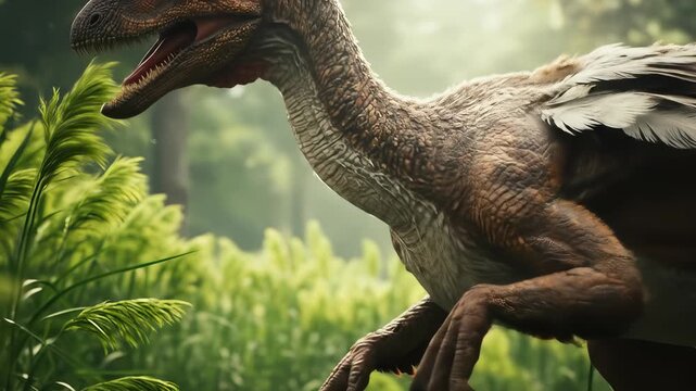 Magnificent feathered raptor saunters through prehistoric foliage on a sunny afternoon