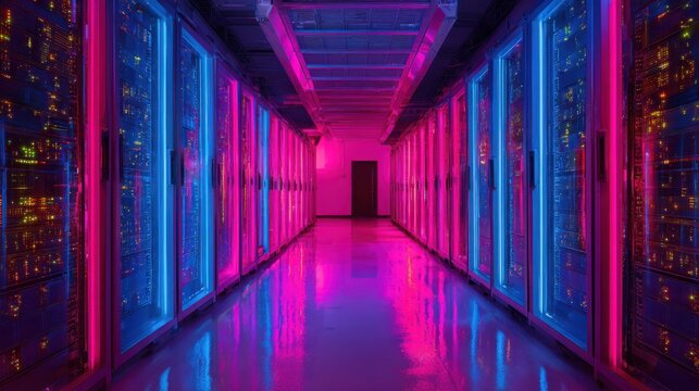 Illuminated server room corridor with blue and pink neon lights reflecting on floor - Powered by Adobe