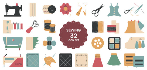 Collection of 32 flat design icons for sewing and tailoring crafts