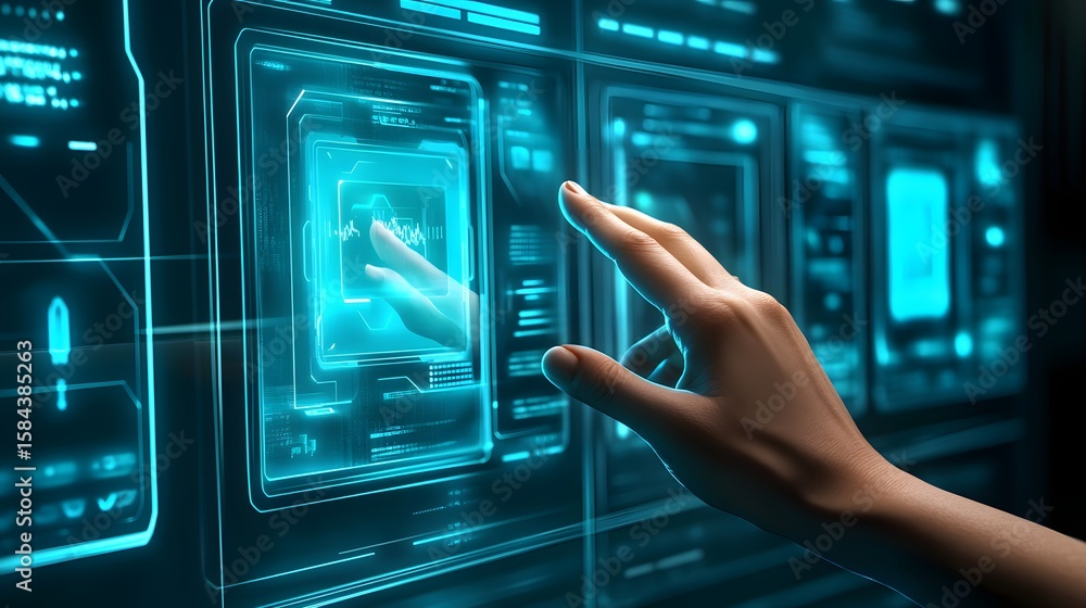 Poster hand interacting with a futuristic graphical user interface.
