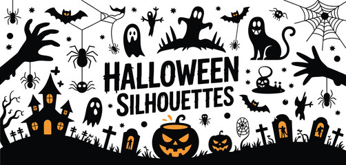 Collection of halloween silhouettes featuring ghosts bats spiders haunted house and pumpkins