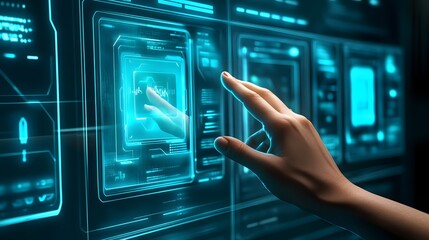 Hand interacting with a futuristic graphical user interface.
