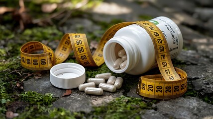 Bottle of pills, some of which spilled onto a light blue surface