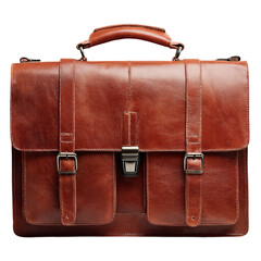 A brown leather satchel briefcase isolated on transparent background