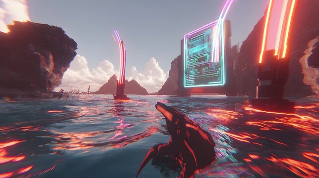 Futuristic cityscape reflected in a vibrant ocean.