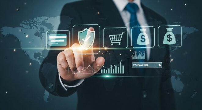 Businessman interacting with digital interface showing financial security and online shopping