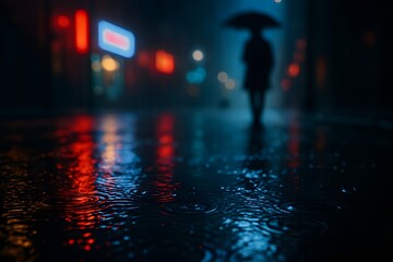 Neon Reflections on Rainy City Street with Silhouetted Umbrella Figure at Night