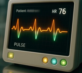 Tricolor Heartbeat on Digital Monitor in Hospital Setting with Saffron White Green Pulse Line and Glowing Buttons