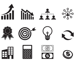 Business, economy, company profile and money icon set. profit, organization, goal, budget, transaction, connection, award illustration element set