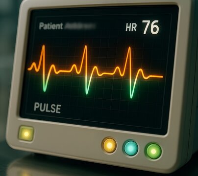 Tricolor Heartbeat on Digital Monitor in Hospital Setting with Saffron White Green Pulse Line and Glowing Buttons