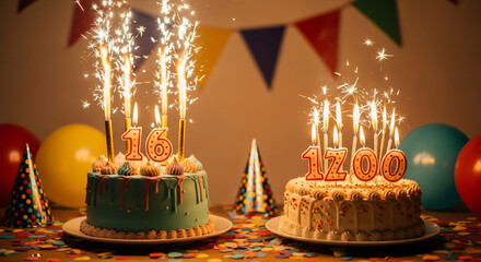Two birthday cakes, decorated with sparklers and candles, celebrating a sixteenth and a twelfth birthday, sit on a party table.