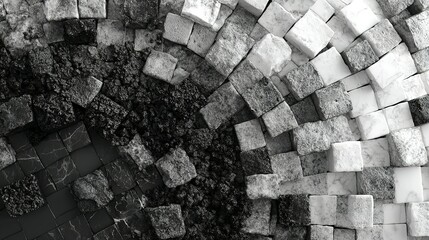 Abstract pattern of interlocking, cubic stones in grayscale.