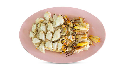 Fresh steamed crab meat and roe on pink plate