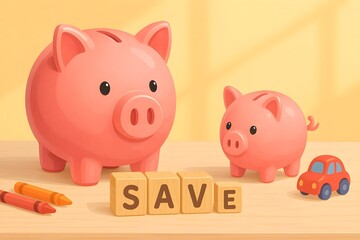 Family Savings Concept with Piggy Banks, Toys, and SAVE Blocks