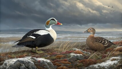 Obraz premium King Eider and Common Eider Pair Dramatic Coastal Landscape,Wildlife Art, Bird Painting, Eider Ducks King Eider, Common Eider