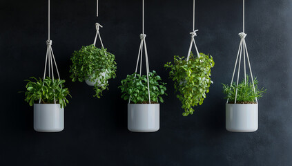 Five white canvas hanging planters, filled with a variety of fresh herbs, hang in front of a window and are placed against a matte black wall,