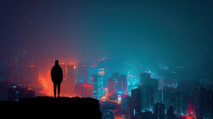 Lone silhouette gazes over a vibrant neon cityscape at dusk with contrasting orange and teal hues