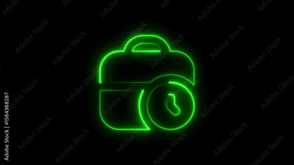 Poster glowing green briefcase icon with clock representing time management and deadlines