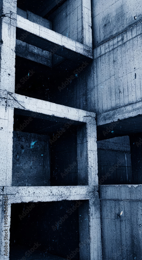 Poster a stark, angular view of a concrete building's unfinished structure, showcasing geometric forms and 
