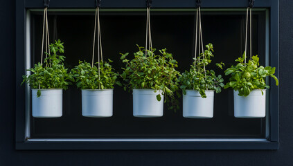Five white canvas hanging planters, filled with a variety of fresh herbs, hang in front of a window and are placed against a matte black wall,