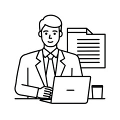 Businessman working from hotel room with documents laptop and coffee during business trip vector line art on white background