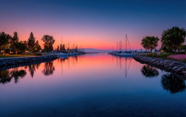 Fototapeta premium Calm harbor sunrise reflection