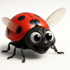 Cartoon ladybug illustration with red spotted shell black head large eyes and open mouth on white