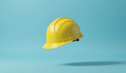 A yellow hard hat levitates against a light blue background. Clean, simple image, perfect for construction or safety themes.