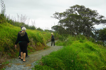 Tourist walking around Waipu pancake rocks in Waipu, New Zealand.	
