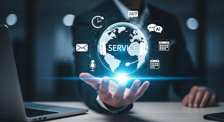 Global service concept with business icons and technology elements