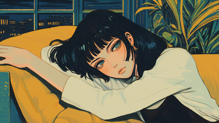 柔らかな陽射しが差し込む部屋で、ソファにくつろぐ女性の休日を描いたナチュラルなタッチのイラスト素材｜暮らし、癒し、インテリア、ライフスタイルを表現する静かな世界観