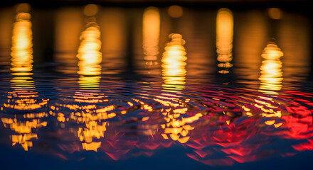 Soft city light reflections shimmer across rippled water at night creating a magical, beautiful scene.