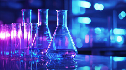 A row of test tubes and beakers in a laboratory setting, illuminated by blue and purple lights.