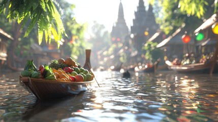 Obraz premium Vibrant Floating Market Scene with Fresh Fruits and Colorful Surroundings
